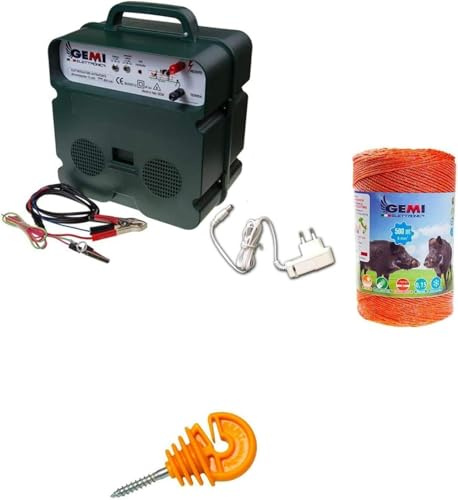 Pastor Eléctrico Cercas Eléctrica : 1 Electrificadores 12V / 220 V + 1 hilo canductores 500 mt 6 mm² + 100 Aisladores para postes de madera - Valla Eléctrica para animales jabalí caballos cerdos