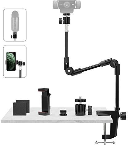 KDD Webcam Stand Camera Mount with Phone Holder & 5/8 Screw, 22in Flexible Projector Stand Gooseneck Desk Mic Stand for Logitech C922 C930e C920 C925e C615 C960 Brio 4K, Blue Yeti Snowball Ice