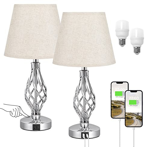 Aooshine Touch Table Lamps Set of 2, Bedside Lamp with USB-C USB-A Ports, Bedroom Lamps with Beige Shade and Spiral Cage Design Base, 3 Way Dimmable Table Lamp for Bedroom Living Room and Hotel