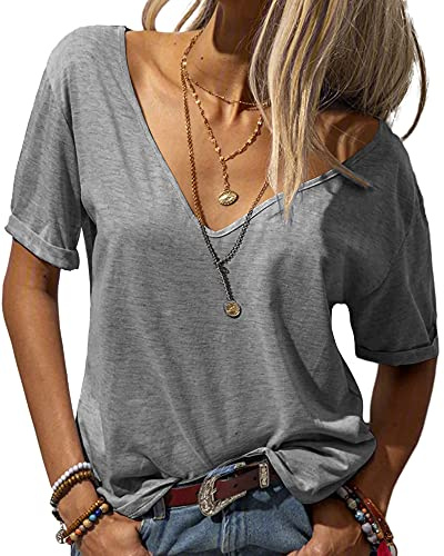 Tankaneo T-shirt d'été basique pour femme - Col en V profond - Manches courtes - Solide - Décontracté | Oversize, manches courtes, décontracté, été, basique, uni, sexy, haut