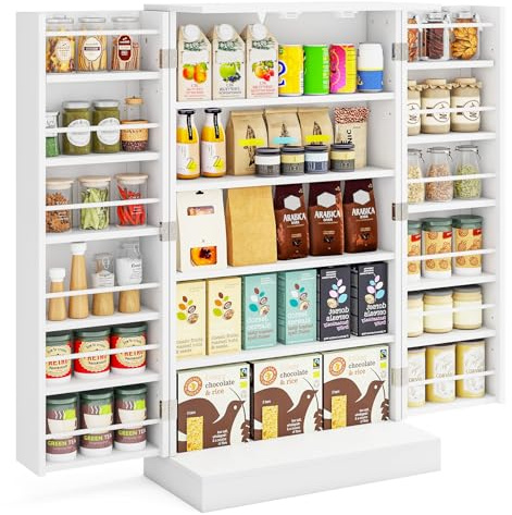 COSTWAY Kitchen Cupboard, Buffet Pantry Cabinet with Countertop, Doors, 17 Shelves & Guardrail, Space-saving Storage Organizer for Dining Living Room (White, 59x30x104cm)