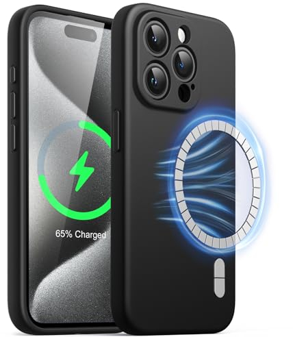 JETech Magnetisch Silikon Hülle für iPhone 15 Pro 6,1 Zoll, Kompatibel mit MagSafe, Handyhülle mit Voll Kamera Schutz (Schwarz)