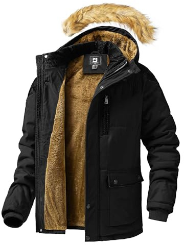 Junggley Men's Winter Warm Ski Jacket Mountain Windproof Hiking Hooded Snow Coat Multi Pockets Black XL