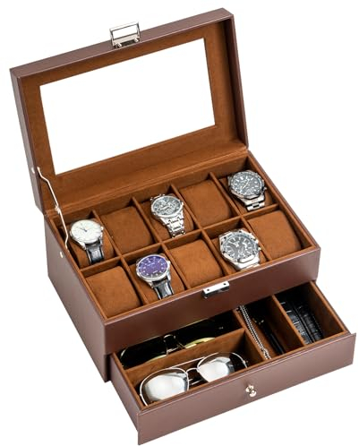 ProCase Porta Orologi Uomo a 10 Posti, Scatola Portaorologi in Pelle, Custodia Orologio con Cassetto e Coperchio in Vetro, Portagioie Uomo per Orologi Anelli Idea Regalo - Espresso