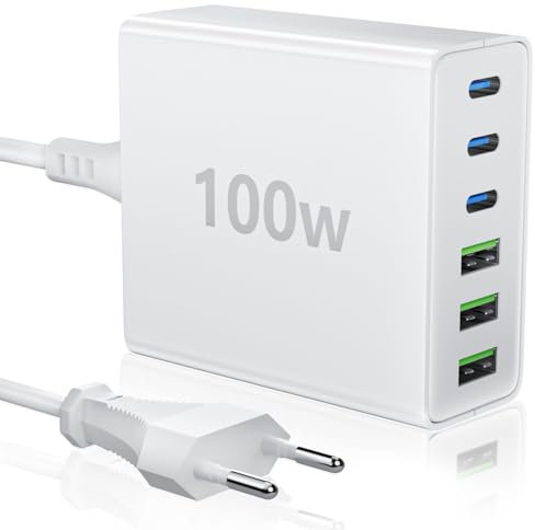 HSSNS USB C Ladegerät Mehrfach: 100W 6-Port Schnellladegerät mit USB-C und USB-A, Tragbarer Charger für iPhone Series und andere Smartphones(Weiß)