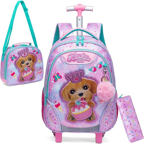 HTgroce Cartable a Roulette Sirene, 3PCS Set Sac a Roulette Fille, Sac a Roulette Fille Primaire Scolaire Cartable Roulette Fille CE2