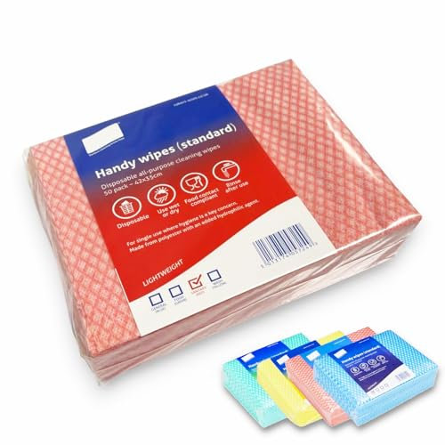 Clearly Pack 50 Red Disposable J Cloths, Non-Woven Wipes, All Purpose Cleaning Cloths, Dish Cloths for Washing Up, Quick-Drying, Washable Wipes for Kitchen, Bathroom, Window
