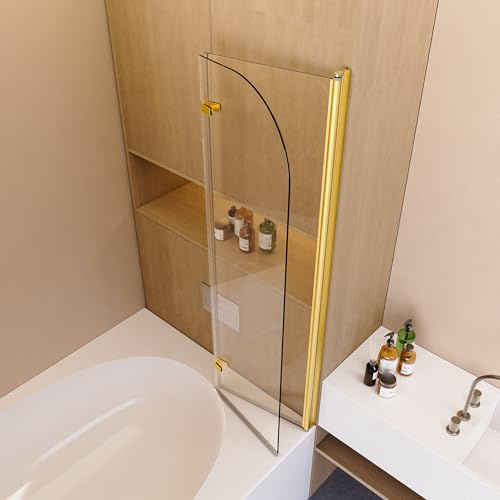 Brushed Gold 34 in x 58 in Frameless Bifold Bathtub Shower Door Panel - Rotatable Pivot Glass Door Screen with 1/4 Thick SGCC Tempered Glass