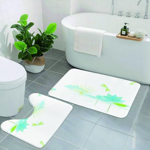 EYLOZS Badezimmerteppich Set 2 Teilig Waschbar rutschfeste Badematte Toilettenmatte Weich Saugfähige Badteppiche,Libelle, Seerose und Libelle Natur Hgrund Wolken See Sonne Design, Apfelgrün Hellblau
