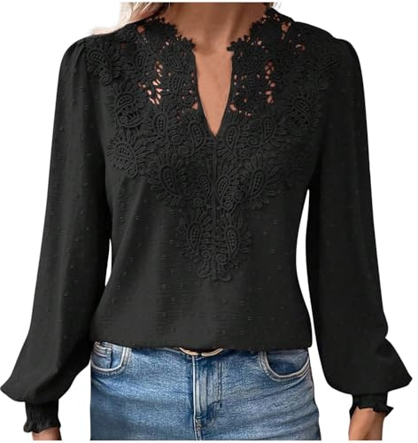 HAOLEI Long Sleeve Tops for Women UK Elegant Petite Lace V Neck Blouse Shirts Plain Swiss Dot Tunic Tops Dressy Casual Outfits Work Y2K Clothes Going Out Tops Ladies Clearance Size 8-16 Black