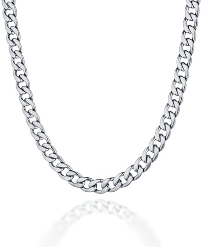 ALANETA Collar Cadena Cubana Maciza de 60cm para Hombres Cadena de Acero Inoxidable color plata. Hecha a Mano. Regalo para Él. Joyería para Hombres (Plata - Acero Inoxidable 7mm)