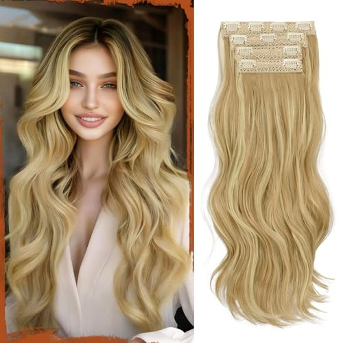 Sofeiyan Extension Capelli Clip 4PCS 50 cm Ondulati Posticci Sintetici Morbidi Naturali Fermagli Antiscivolo Invisibili Capelli Estensioni a Clip per Donna, Biondo Cenere Scuro misto Chiaro