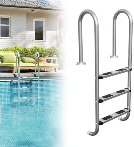 Froadp Escalera de piscina de acero inoxidable con 3 peldaños antideslizantes, 132 x 54 x 26,5 cm, para piscina de hasta 150 kg, color plateado