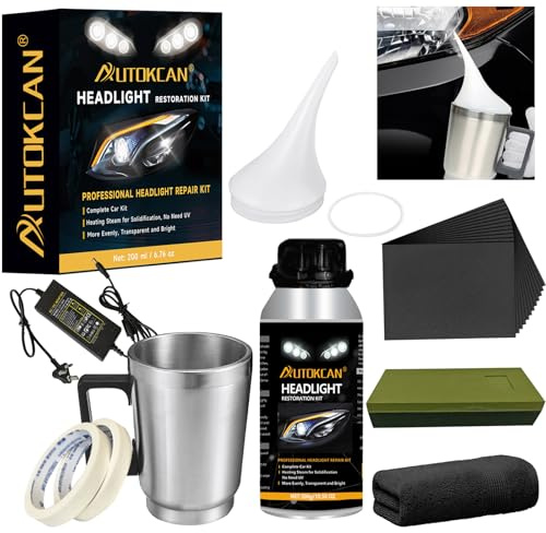 Headlamp Restoration Kit, 200ml Restoration Fluid for Car Headlight Cleaning Repairs Tool Headlight Polishing Kit Care Headlight Lens Repair Tool Atomizing Cup Abrasive Papers Removes Oxidation