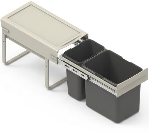 FurniFit Pattumiera Differenziata Estraibile per Mobile da 30 cm 2 Secchi (1x 15L + 1x 7L) con Coperchio Chiusura Soft-Close ed Estrazione Totale 26,4 x 50 x 33 cm Montaggio Frontale Argento