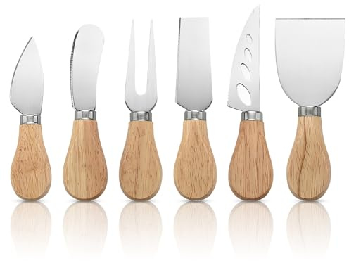 XRVRILE Set di 6 mini coltelli da formaggio con coltello da burro, 6 pezzi, con manico in legno, in acciaio inox, utensili per formaggio morbido, affettato, torte, dessert, insalata di formaggio