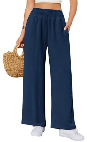 HEEKPEK Pantaloni Donna Estivi Leggeri Pantaloni Comodi Larghi Casual Elastico Vita Alta Solido Sciolto Lunghi Palazzo Pantaloni Gamba Dritta Casual Spiaggia Jogging con Tasche (Marino, L)