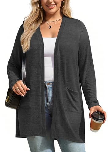 Enjoysoul Womens Plus Size Cardigan Casual Long Sweaters Lightweight Knit Outerwear Open Front Clothings with Pockets, XX-Large, Dark Grey