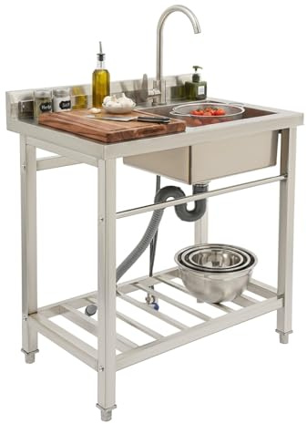 Lavello autoportante in acciaio inox, 80 x 55 x 84 cm, lavello con rubinetto, piano di lavoro e ripiano, lavabo singolo destro, lavello da cucina per esterni, lavanderia, garage, giardino, ristorante
