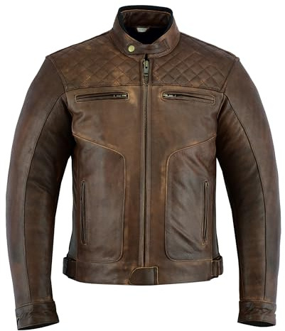 Texpeed Chaqueta de moto de cuero para hombre - Chaqueta de moto Touring con protección de armadura auténtica Biker CE (EN 1621-1) Patrón de costura de diamantes - Marrón - L
