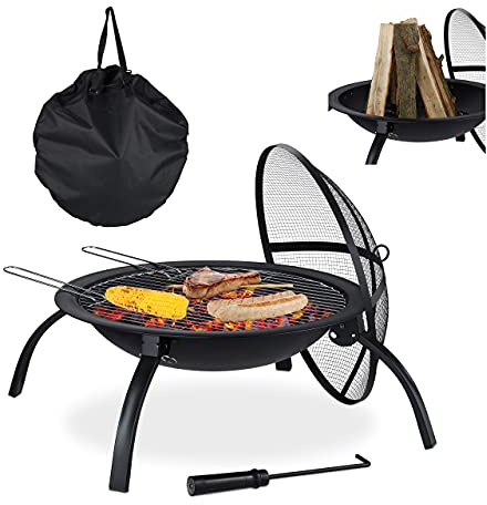 Relaxdays, noir, Brasero XL, grillage, tisonnier, protection étincelles, couverture, jardin, terrasse, 56,5cm, sac, mit Tragetasche