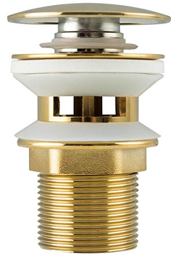 Basin Sink Waste Slotted Pop Up Click Clack Sprung Plug with Overflow for Bathroom Sink Tap Frap, Brushed Gold