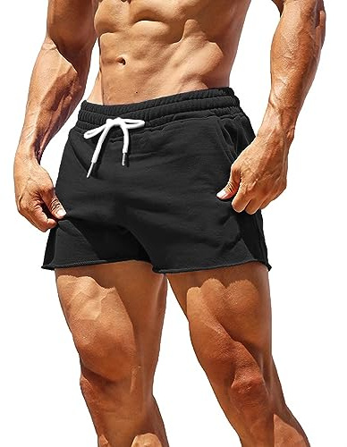 GYMAPE Hombre 3 Pulgadas Gimnasia Correr Deportiva Ejercicio Pantalones Cortos con Raw Hem Negro M
