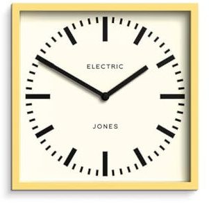 Jones Clocks® Box railway wall clock | Square station clock | 25cm | Yellow | Cool designer look for kitchen, living room or office