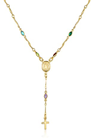 Barzel 18K Gold Plated Multicolor Virgin Mary Necklace - Made In Brazil (18 Inches)