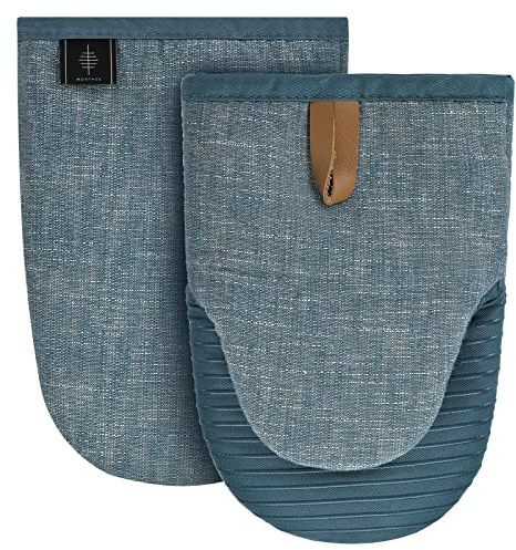 BONTHEE Ofenhandschuhe Mini Topfhandschuhe Baumwolle kochhandschuhe mit Anti-Rutsch Silikon Gestreift backhandschuhe für Kochen Backen - 2er Set - Blau