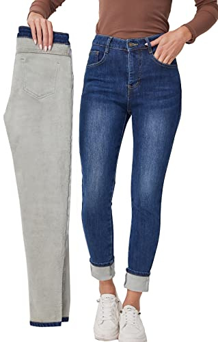 Fakanhui Jeans termici invernali foderati in pile da donna indossano Jeggings Denim Skinny Pantaloni Leggings, Chiusura lampo Blu71, XS