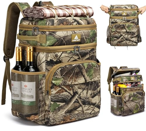 Laripwit Picknick-Rucksack, Kühltasche – 54 Dosen, Camouflage-Kühlrucksack, isoliert, auslaufsicher, Lunchrucksack mit Kühlfach, groß, doppelstöckig, weiche Kühltasche für Strand, Camping, Reisen