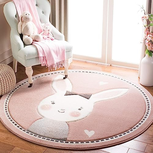 Sedefen Kinder Teppich Rund 160cm Kinderzimmer Mädchen Rosa Hasen Motive Kinderteppich Waschmaschinenfest rutschfest Flauschig Teppich für Schlafzimmer Wohnzimmer