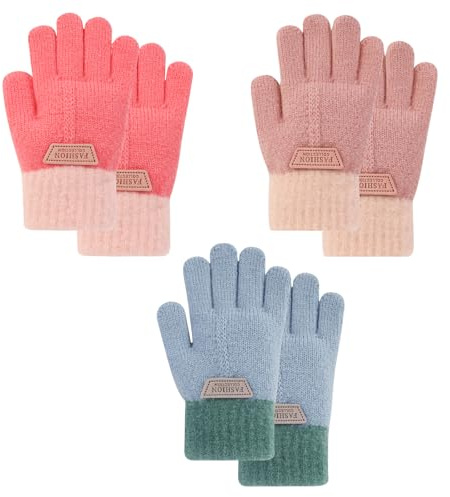 QKURT 3 Pairs Kids Knitted Gloves, Toddler Winter Magic Gloves, Boys Girls Stretch Mittens, Warm Fluffy Full Finger Gloves for Children, Toddlers Thermal Gloves Mittens for 3-8 Years Old Boys Girls
