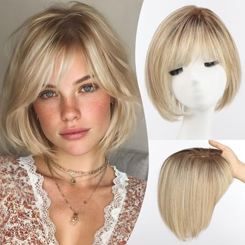 EMMOR Human Hair Toppers for Women Short Bob Real Hair with Bangs 10 Side Part Hairpieces for Women with Thin Hair 6.5 × 6.5 Larger Base Human Wig Toppers(Ombre Blonde & Brown Highlight)