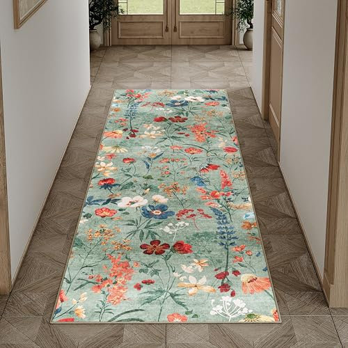 HUGEAR Grün Waschbarer Läufer Teppich Flur 60x180cm Blumenmuster Bettvorleger Blumen Boho Modern Küchen Wohnzimmer Schlafzimmer Teppiche rutschfest Kurzflor Weich Flurläufer Teppichläufer