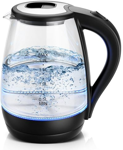 KEINVE Wasserkocher Glas 1,7 Liter, 2200 Watt, LED-Beleuchtung, Verdicktes Borosilikatglas Wasserkocher mit Kalkfilter, 360° Edelstahl Sockel, Trockenaufschutz, Schwarz