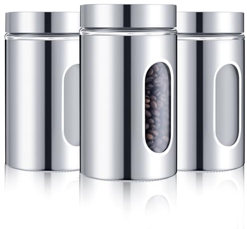Mimorou 3 Pcs Stainless Steel Canister Set with Glass Windows Visible Storage Jars Silver Kitchen Canister Set for Pasta Flour Oat Sugar Container, Kitchen Tools, Housewarming Gifts(32 oz)
