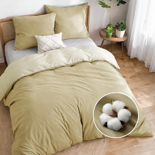 Dreamzie Copripiumino Matrimoniale Cotone Percalle - Set 3 Pezzi - Copripiumino 220x240 e 2 Federe 65x65 cm - Beige - Certificato Oeko-Tex