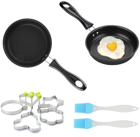 SGYKJ 2 Pcs Small Frying Pan Non Stick, 12cm/4.7 Inch Omelette Pans Fried Egg Pan Non Stick, Portable Camping Cooking Mini Frying Pans for Induction Hob Gas Stove, with 4 Egg Molds & 2 Oil Brush