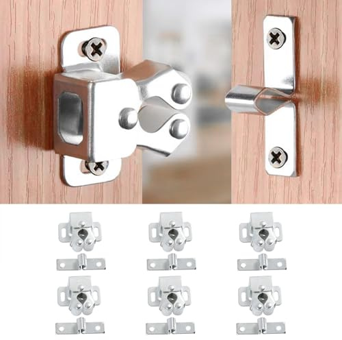 6 pestillos de doble rodillo para gabinete, cierres para puerta, herrajes cierre para mueble, armario, baño cerradura de captura de puertas, incluye tornillos, plata