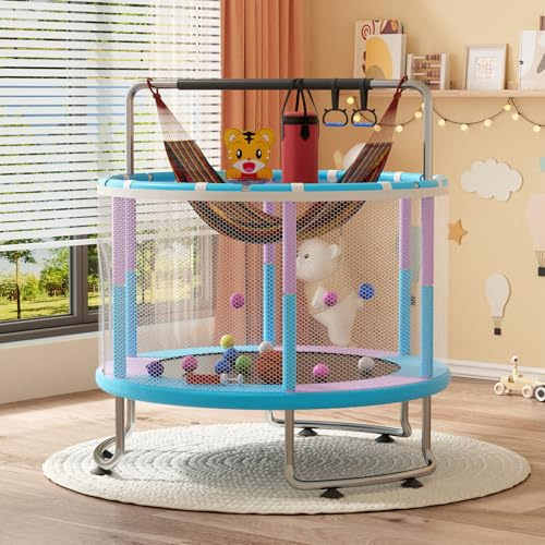 Tifemap Cama Elástica Niños Exterior e Interior, Trampolines para Niños, Camas Elasticas para Niños 59 con Seguridad Triple, Barra Acrobática Ajustable y Accesorios (Azul)