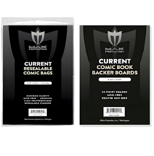 Max Protection Current Age Comic Book Bags and Boards - 2 Mil Comic Bags with Resealable Flap - Current Size Boards 6-7/8 x 10-1/2 - Acid Free, Easy Closure, Durable Construction