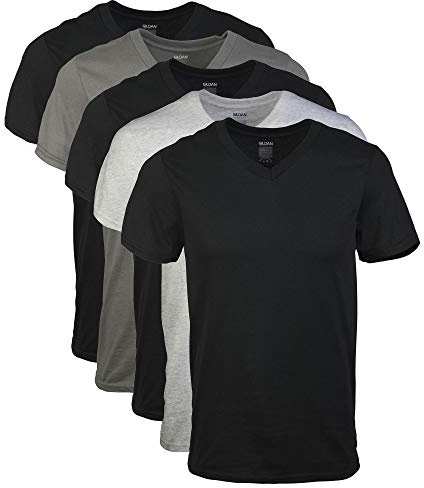 Gildan Men's V-Neck T-Shirts, Multipack, Style G1103, Black/Sport Grey/Charcoal (5-Pack), Large