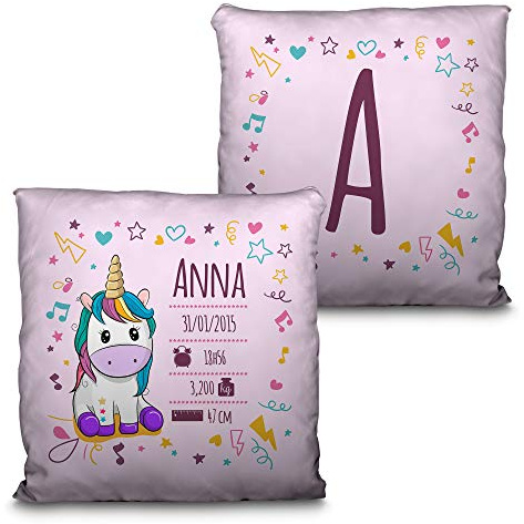 LolaPix Cojín bebé recién Nacido. Regalo bebé. Regalo Personalizado con Nombre. Fecha/Inicial. Cojín con Relleno Incluido. Varios diseños. Natalicio Unicornio Rosa