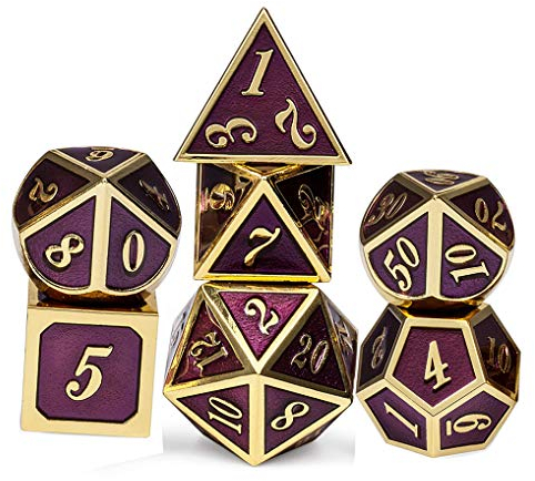 Yourandoll 7 Stücke Zinklegierung Metall Polyeder Würfel D20 D12 D10 D8 D6 D4 für Dungeons und Dragons DND RPG MTG Tischspiele 16mm (Lila Gold)