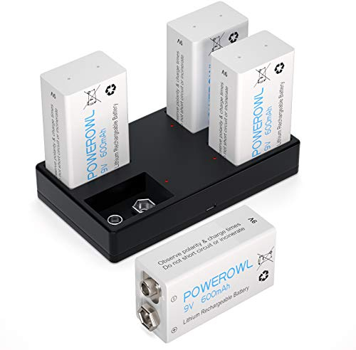 POWEROWL Cargador de Pilas Recargables 9V con 4 Unidades 600mAh 9V Pila Recargable de Litio para Detectores de Humo y más