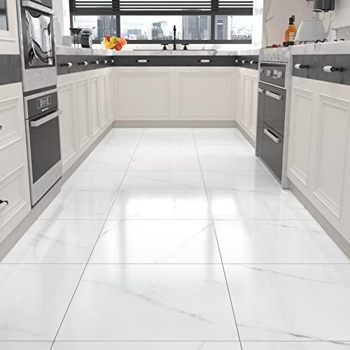 WESTICK 20 Pcs White Marble Peel and Stick Floor Tile Bedroom Living Room Ground Decoration Vinyl Flooring Peel and Stick Non-Slip Waterproof 12 x 12 Inches