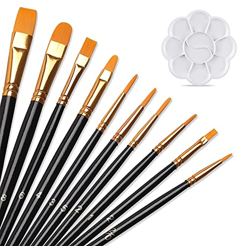 Pinselset Acrylfarben 10 Stück - funvce Acryl Pinsel mit Palette,Nylon Künstlerpinsel Set Malen für Körperbemalung,Aquarell,Ölgemälde,Gouache-Malerei,Anfänger, Kinde und Gemälde Liebhaber