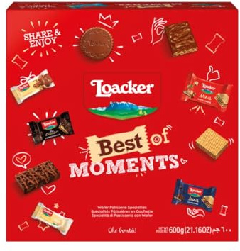 Loacker The Best of 600g, Edizione 2026, Confezione Regalo 100% Nocciole Italiane in un Mix di Bontà a Base di Cioccolato al Latte, Fondente e Bianco, Party Box per Merenda, Snack e feste, 67 pezzi